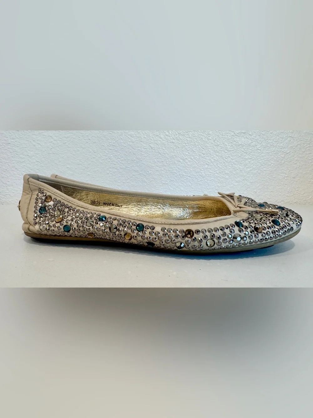 Jimmy Choo Wray Crystal Studded Leather Ballet Flats Bow Cream Gold EU 37 US 7